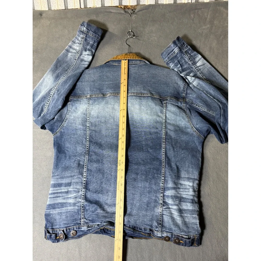 AHP Mens XL Blue Denim Trucker Jacket Corduroy Collar Sandblasted Stretch Cotton